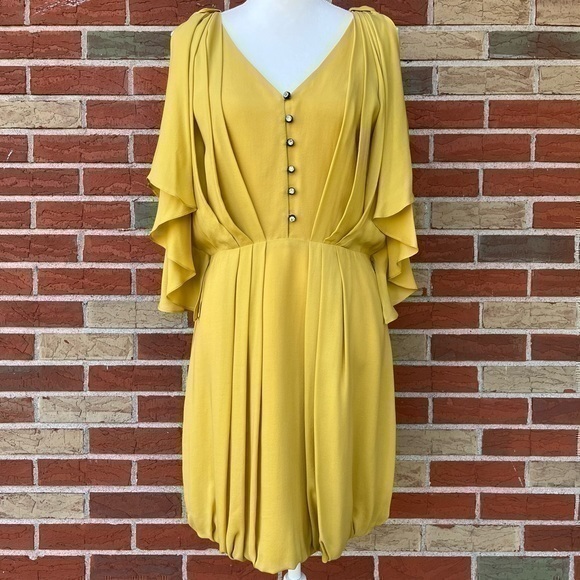 🔥 Robert Rodriguez Silk Split Flutter Sleeve Pleated Yellow Balloon Hem Dress - Picture 1 of 12